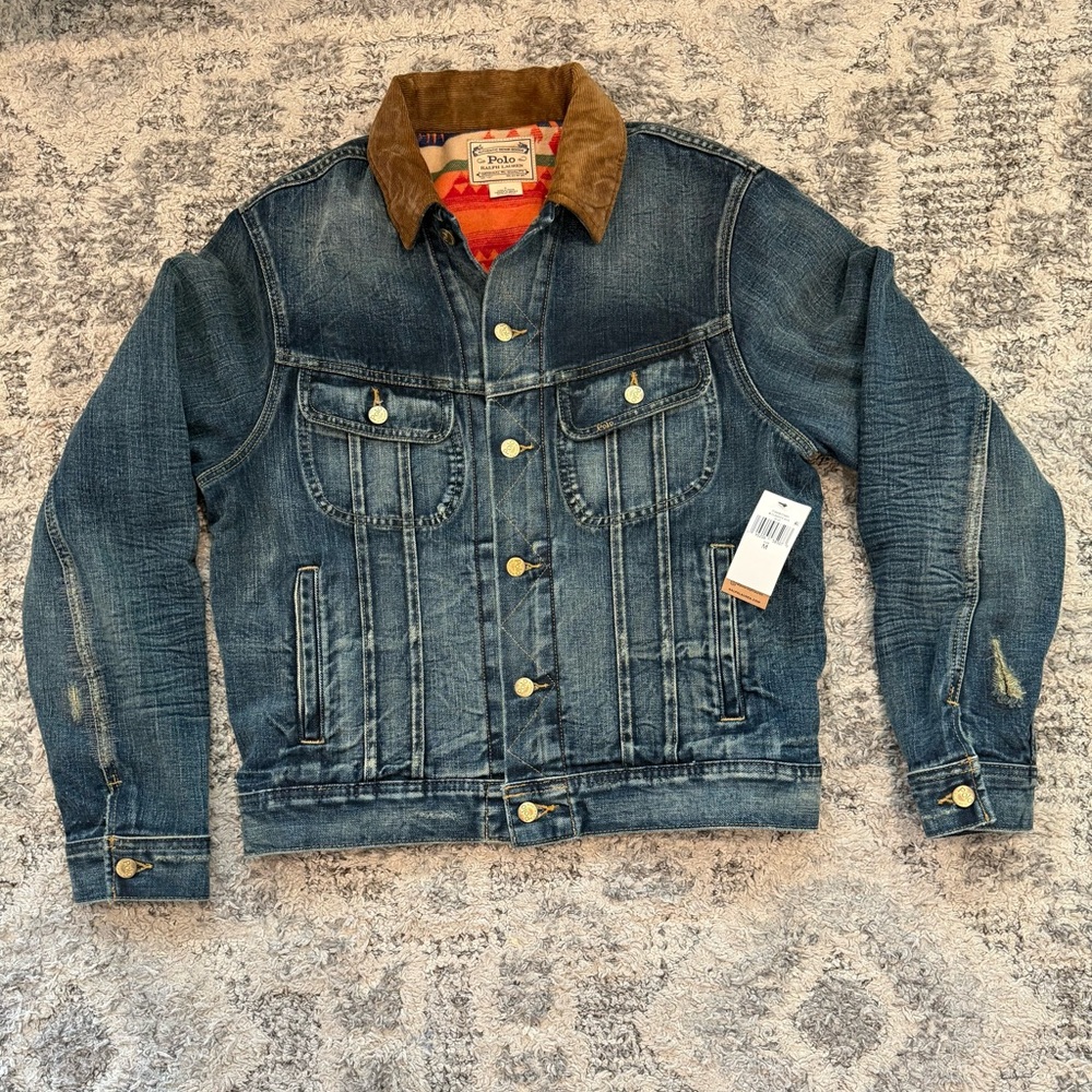 Polo Ralph Lauren Trucker Denim Jacket Distressed Aztec Lined